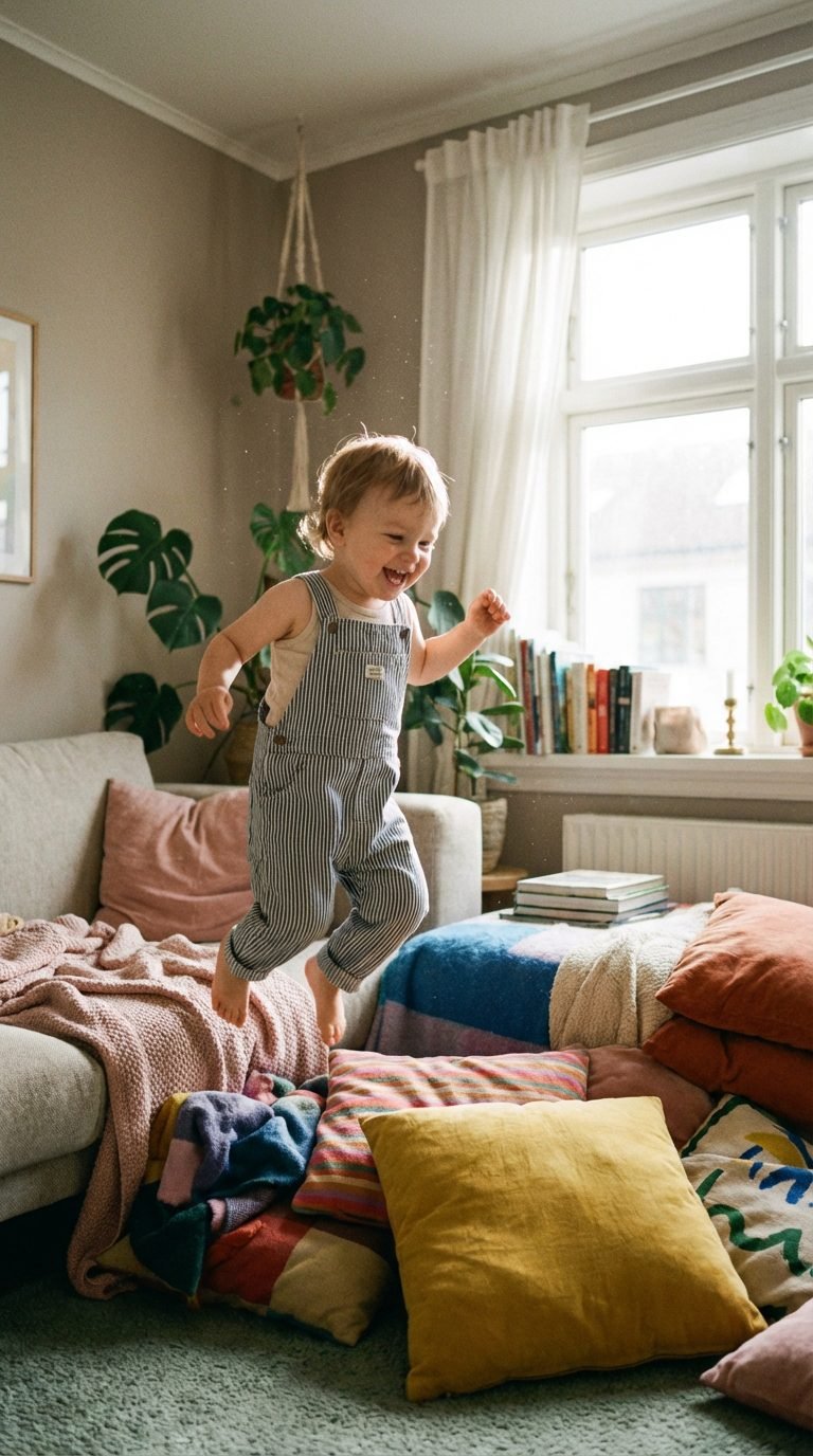 Child jumping in living room — indoor movement activities kids burn energy.
