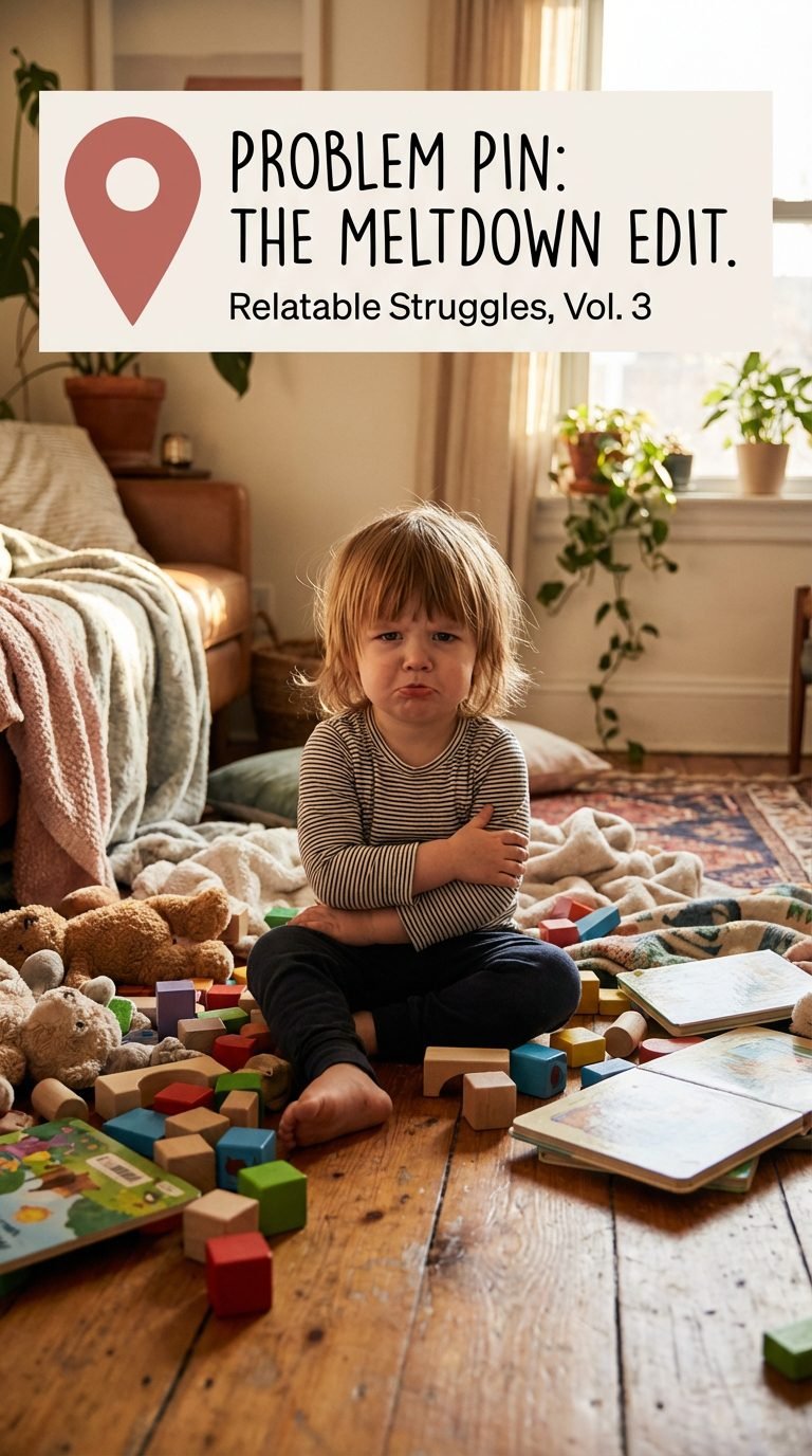 toddler surrounded by toys looking frustrated — calming sensory activities toddler meltdown