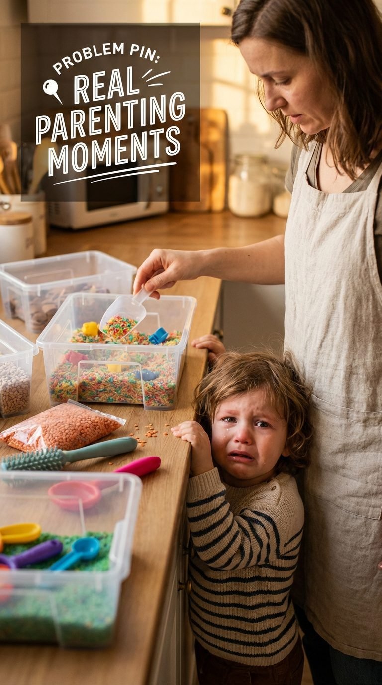 toddler looking clingy while a parent prepares sensory bins — sensory activities 2-year-old do alone