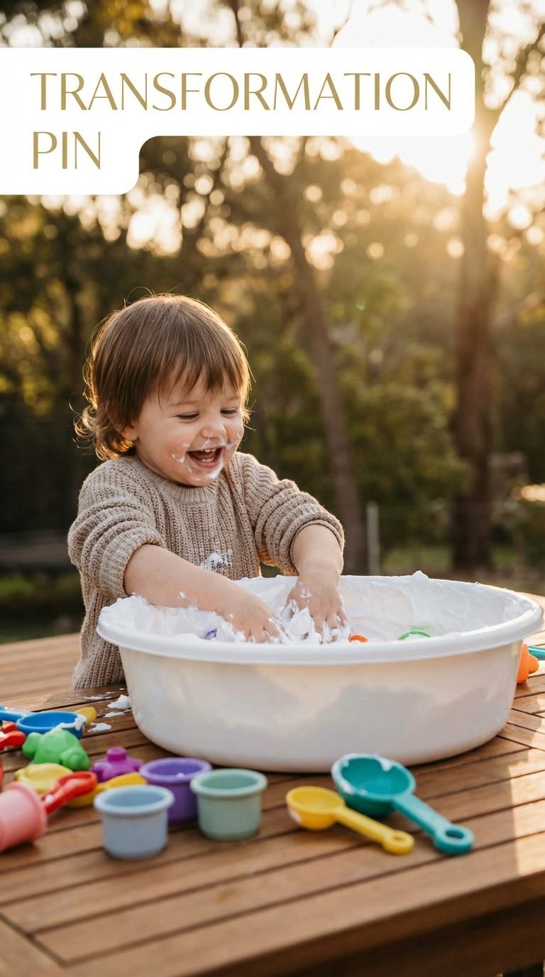 toddler joyfully playing with shaving cream sensory bin — sensory play toddler zero budget ideas