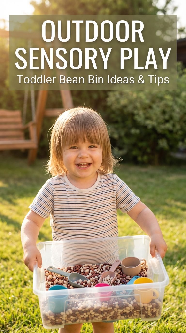 toddler showing a sensory bin filled with beans in the backyard — outdoor sensory play toddlers backyard