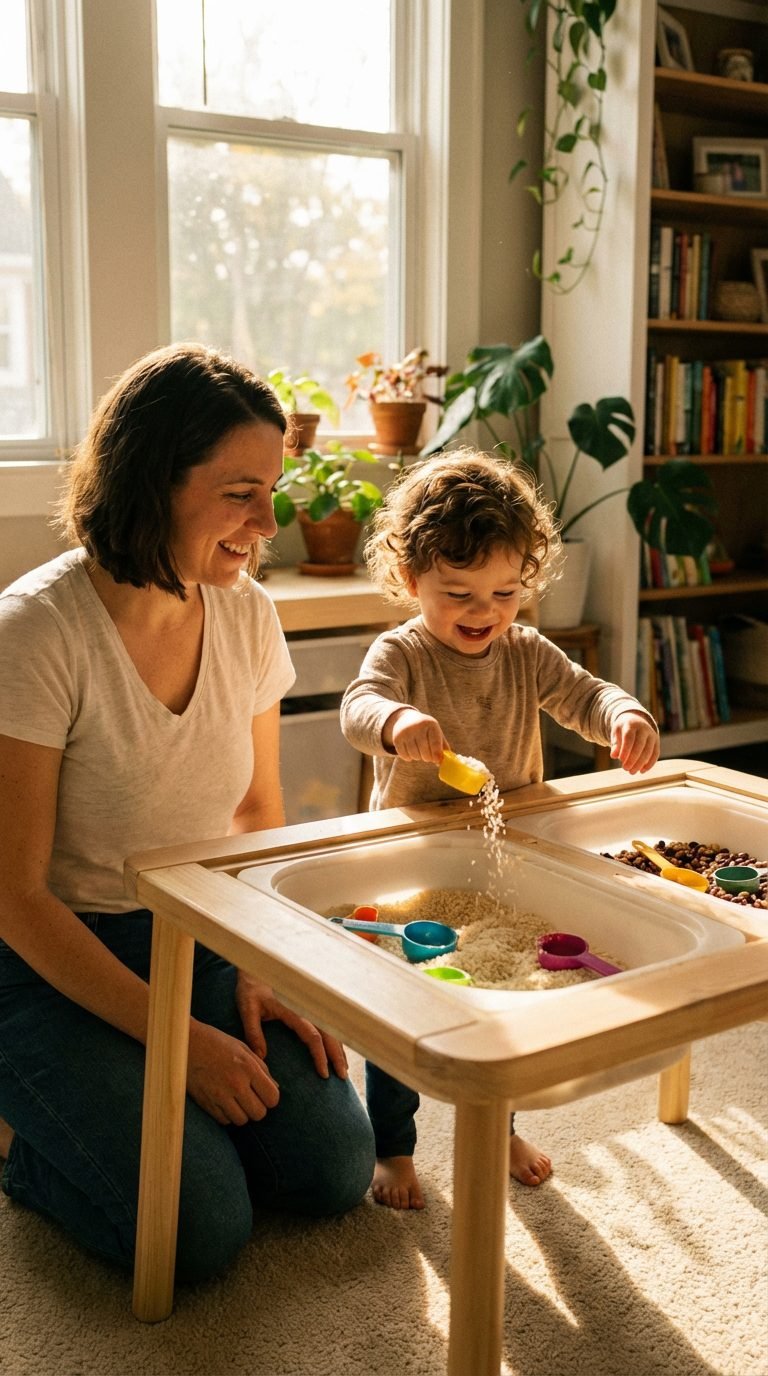 toddler exploring sensory bins filled with rice and beans — 15 easy sensory bins