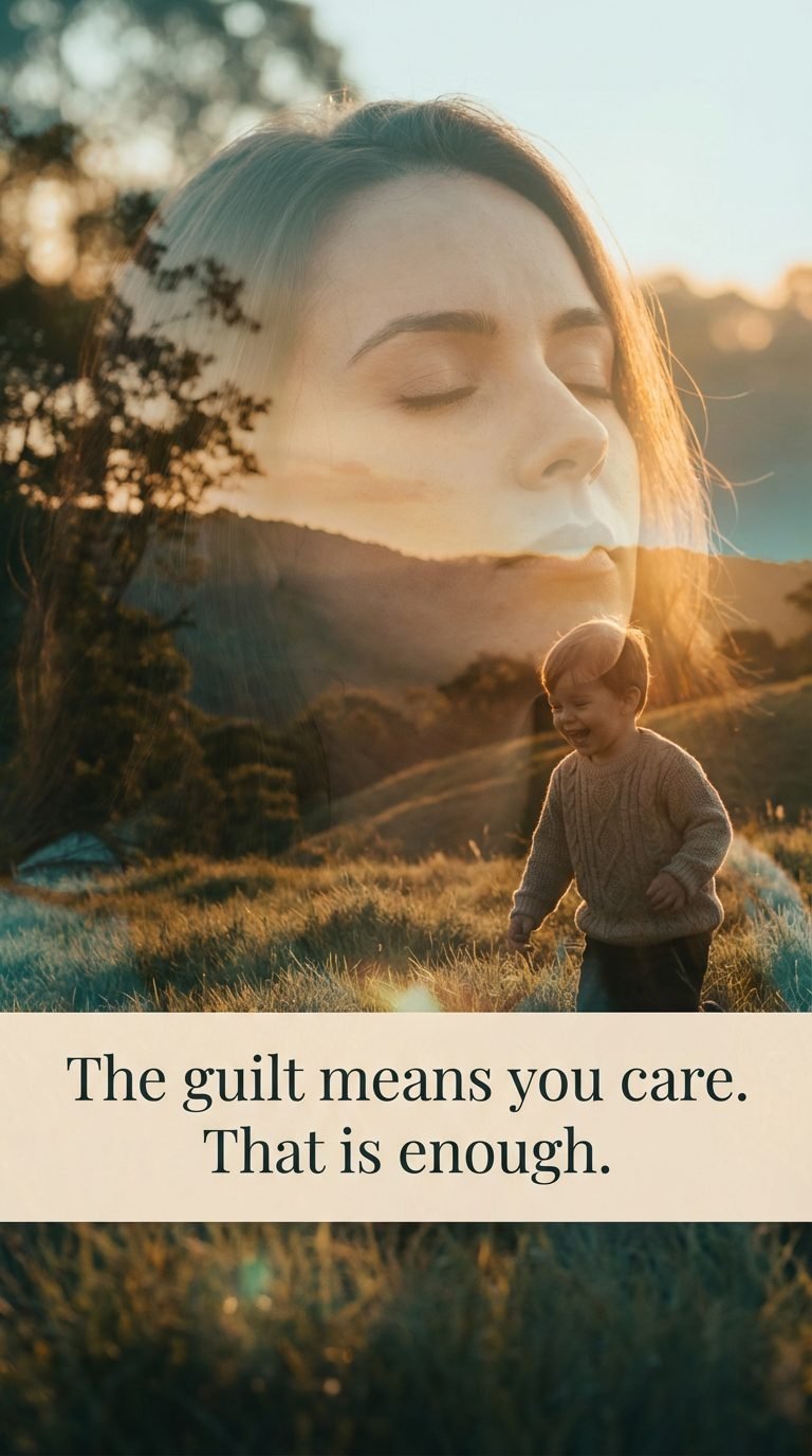 Woman's double exposure with child playing in grass — why moms feel guilty for everything they do.
