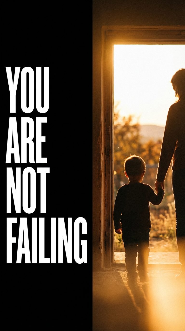 Parent and child holding hands in golden doorway — how to quiet mom guilt voice in your head.