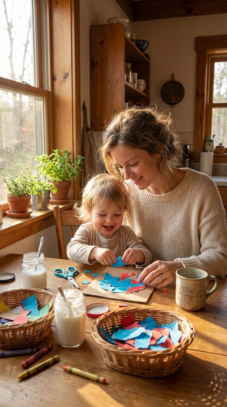 Mother and child crafting at kitchen table — why moms feel guilty for everything they do.