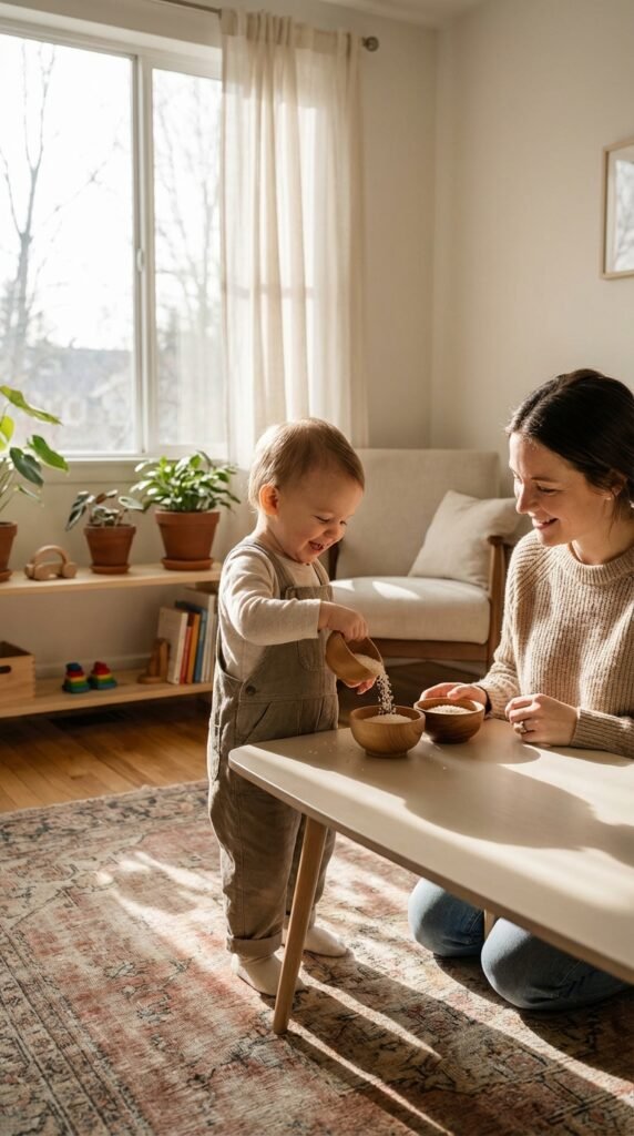 Parent and child engaging in Montessori activity with rice pouring.