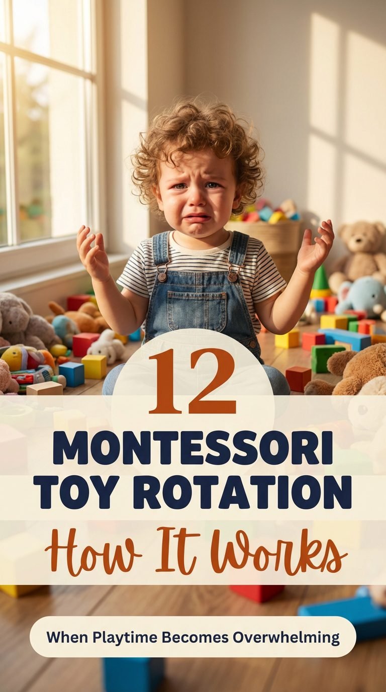 Frustrated toddler surrounded by toys — montessori toy rotation how it works