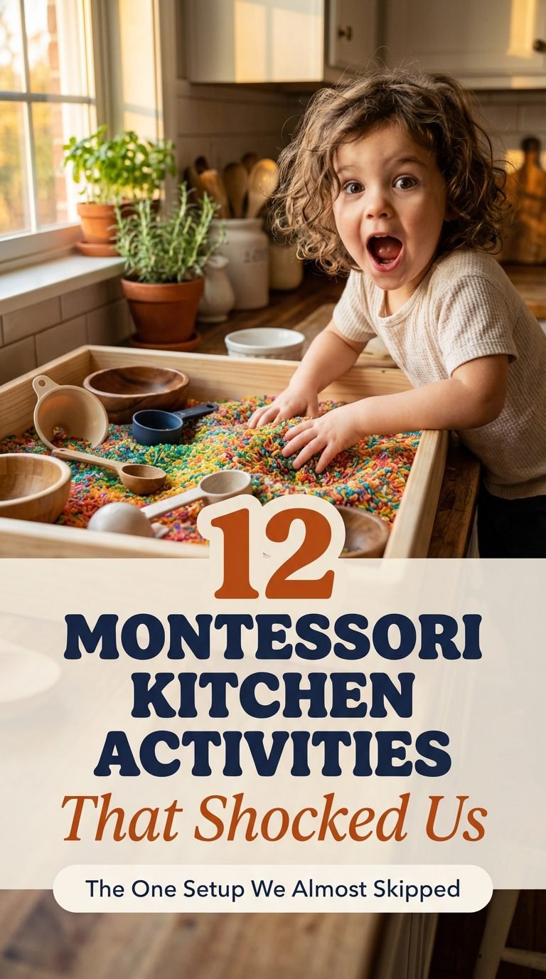 Surprised child discovering a sensory bin filled with colorful rice — montessori kitchen activities toddler