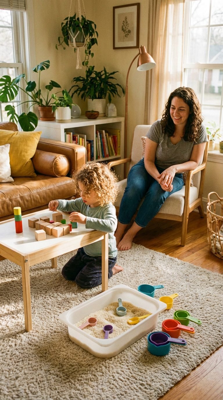 Parent and child enjoying a Montessori activity in a cozy living room.