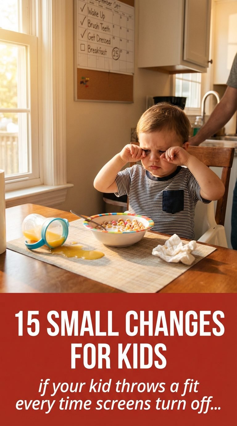 Toddler frustrated at breakfast table for morning routine for kids reduce chaos.