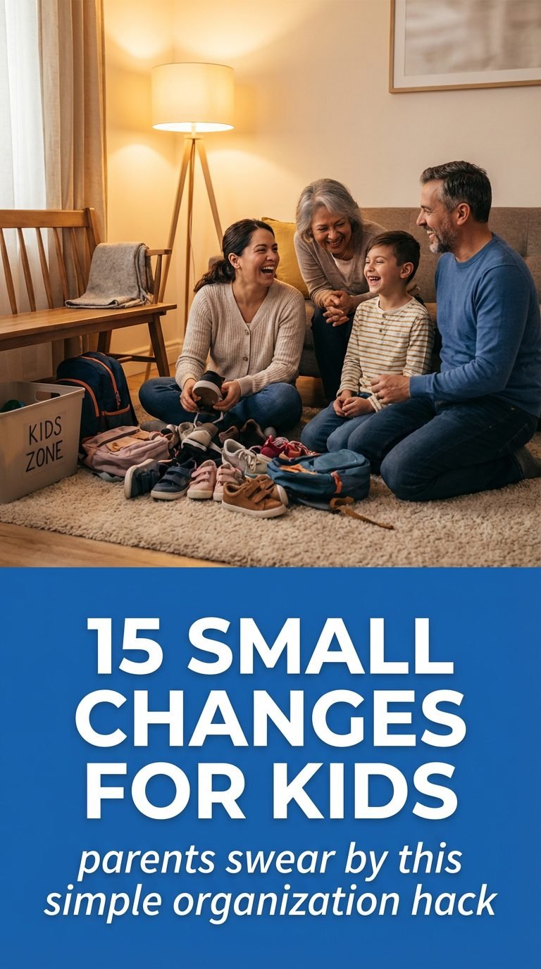 Family organizing shoes and bags for family evening routine everyone follows.