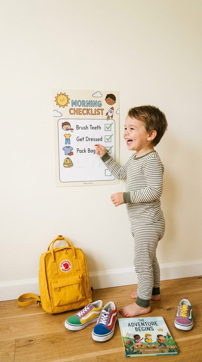 Child checking off a morning checklist for morning routine for kids reduce chaos.