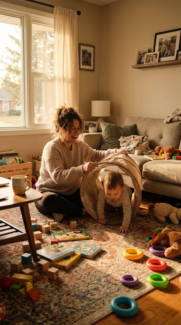 Mom and child playing together on the floor in a cozy living room.