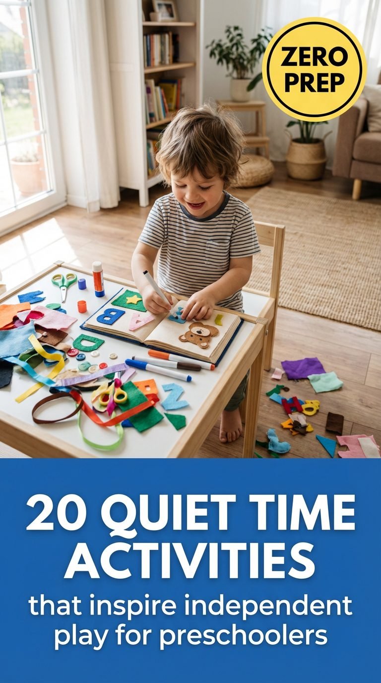 Preschooler crafting a DIY quiet book on a table.