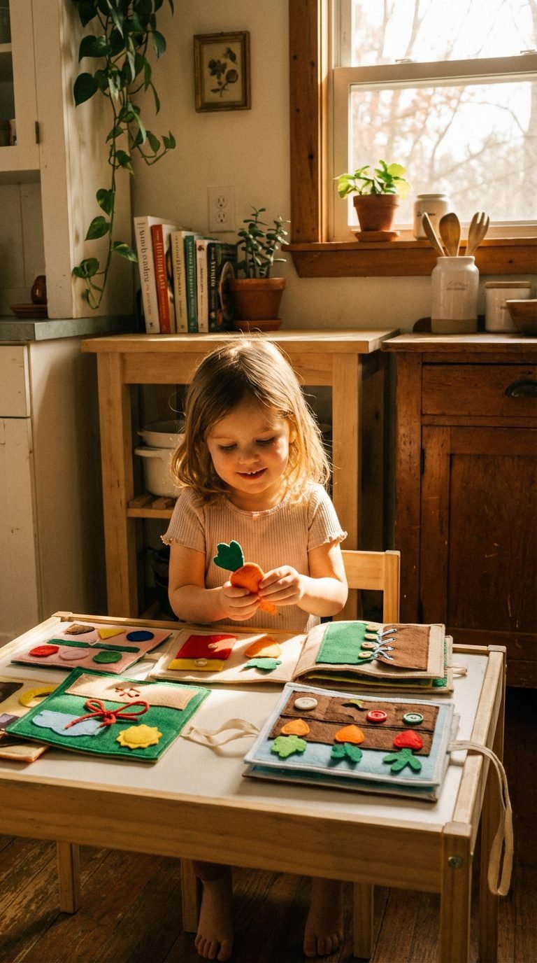Child playing with a DIY quiet book in a bright kitchen.