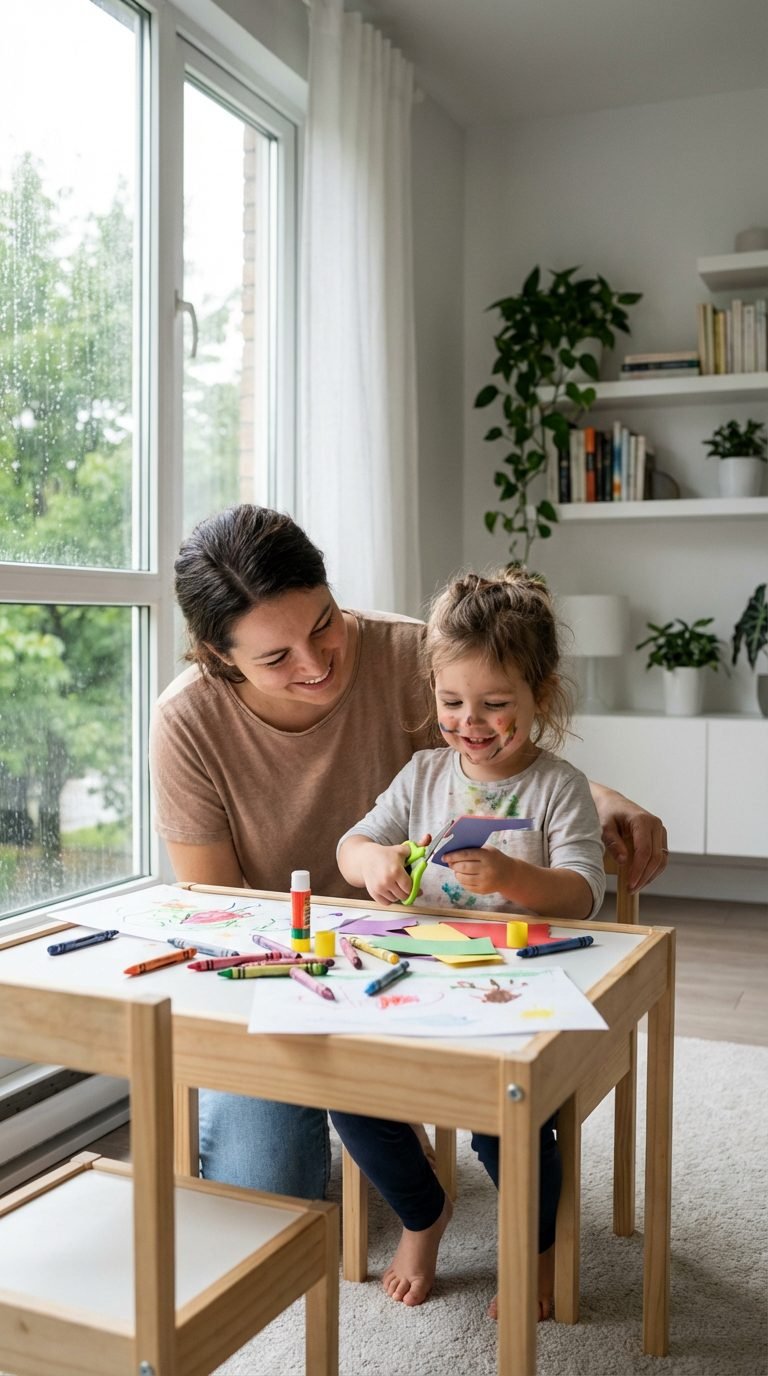 Parent and child cooking together in the kitchen on a rainy day.