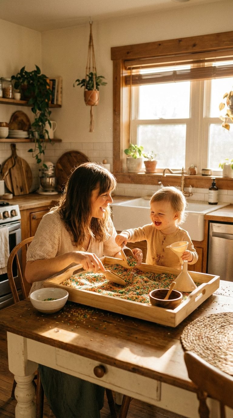 Parent and child enjoying sensory play with rice and scoops — rainy day boredom busters toddlers.