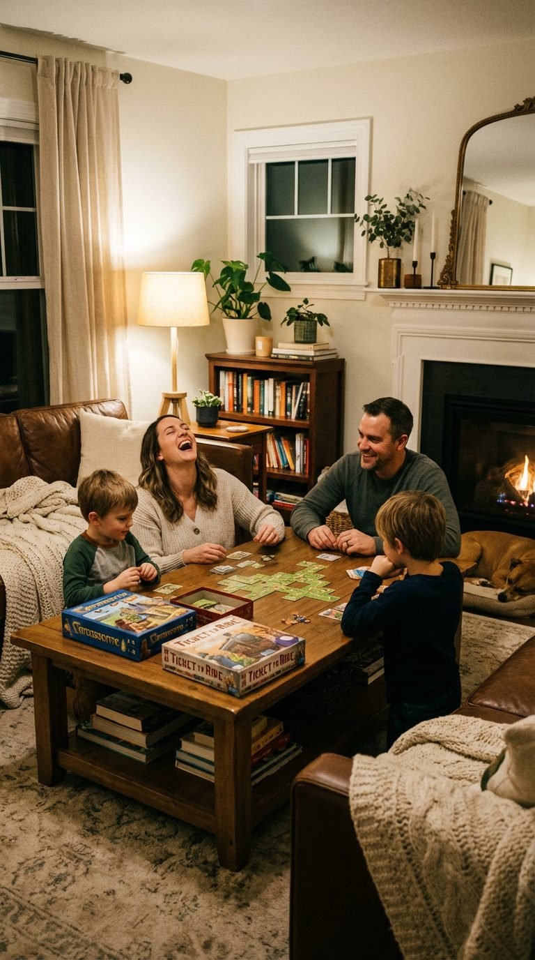Family enjoying a screen-free game night at home.