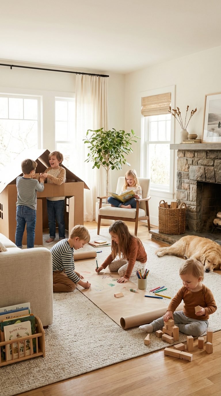 Children enjoying screen-free activities in a cozy living room.