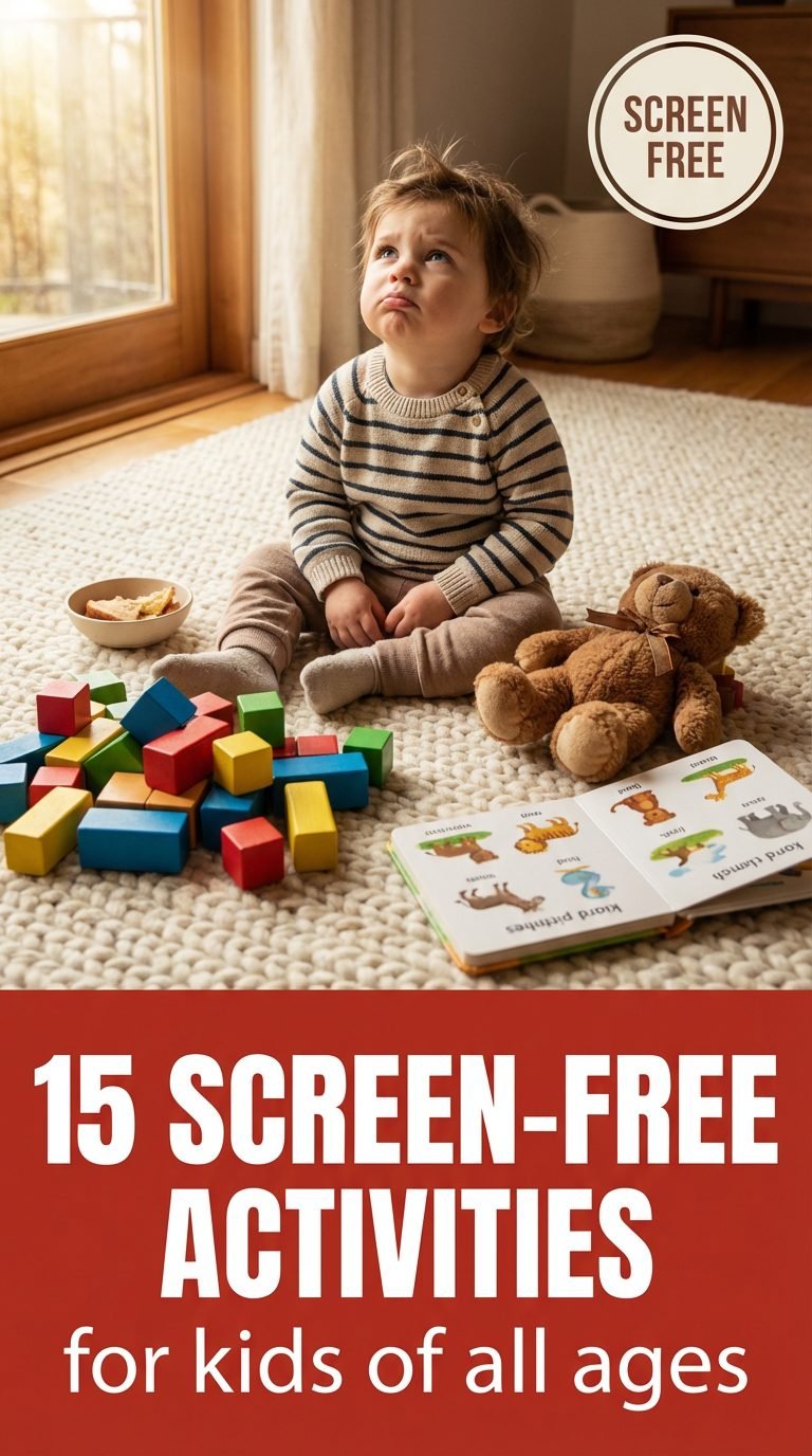 Toddler looking bored surrounded by colorful toys.