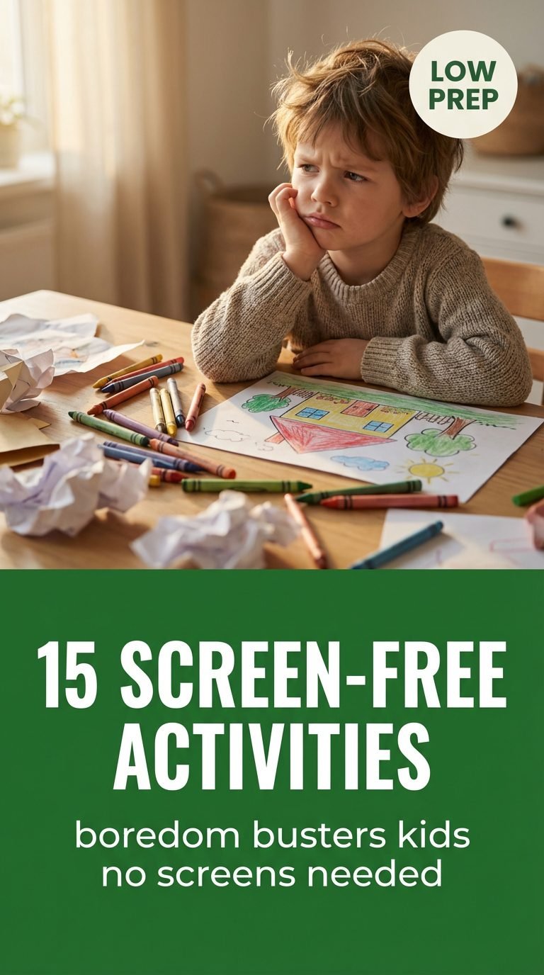 Child looking frustrated at a craft table with art supplies.