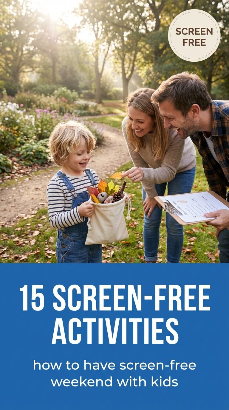 Family enjoying a nature scavenger hunt in the park.