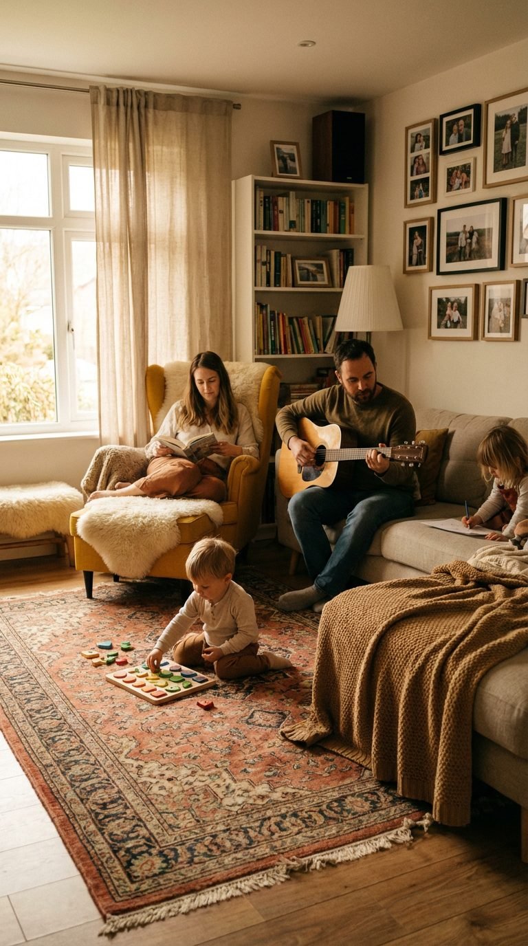 Family engaging in screen-free activities in a cozy living room.