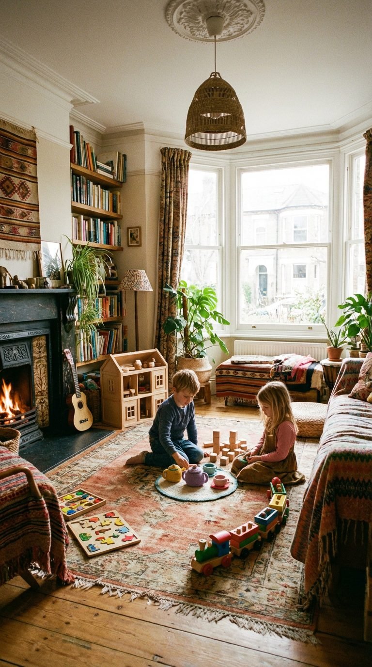 Children playing in a cozy living room without screens.