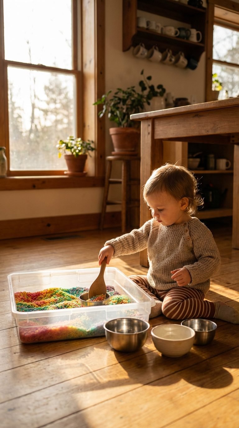 Toddler playing with a sensory bin filled with colorful rice.