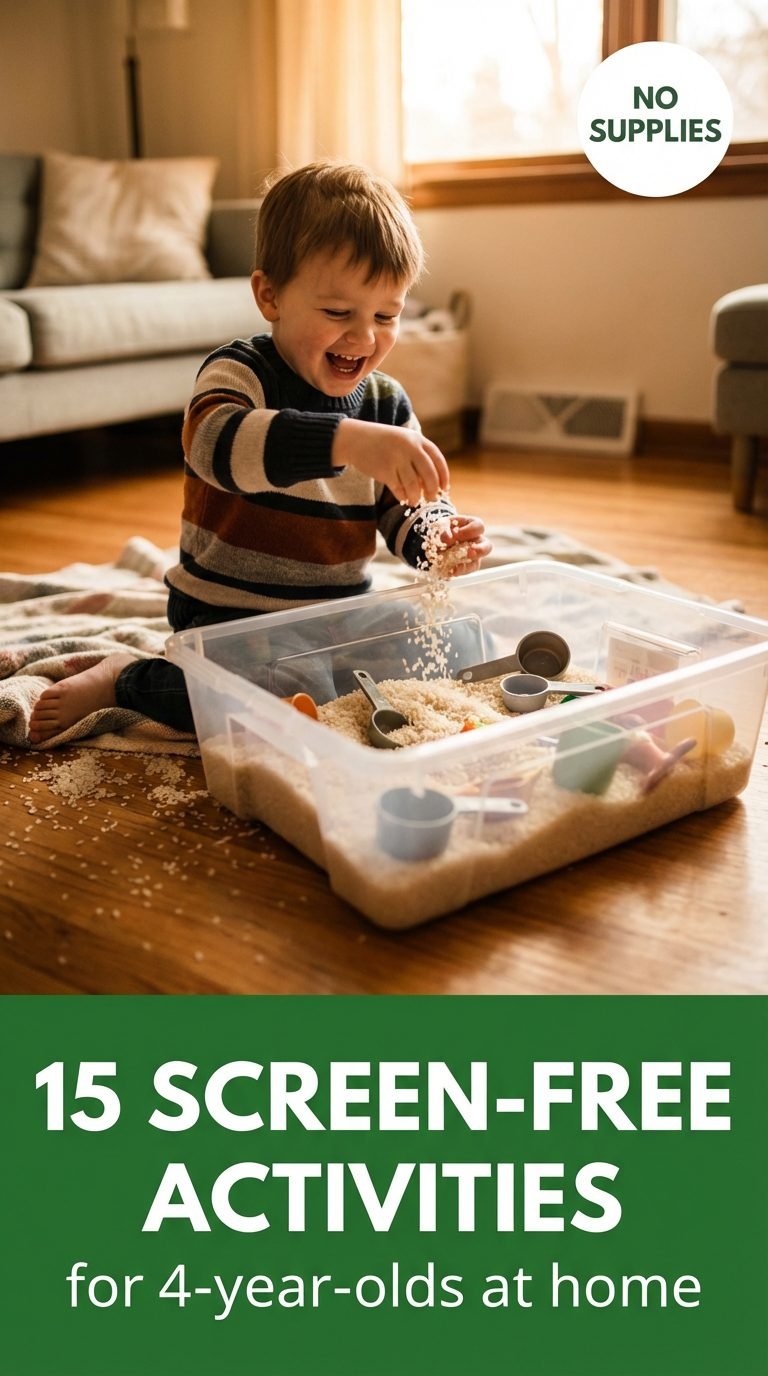 Child excitedly playing with a sensory bin filled with rice.