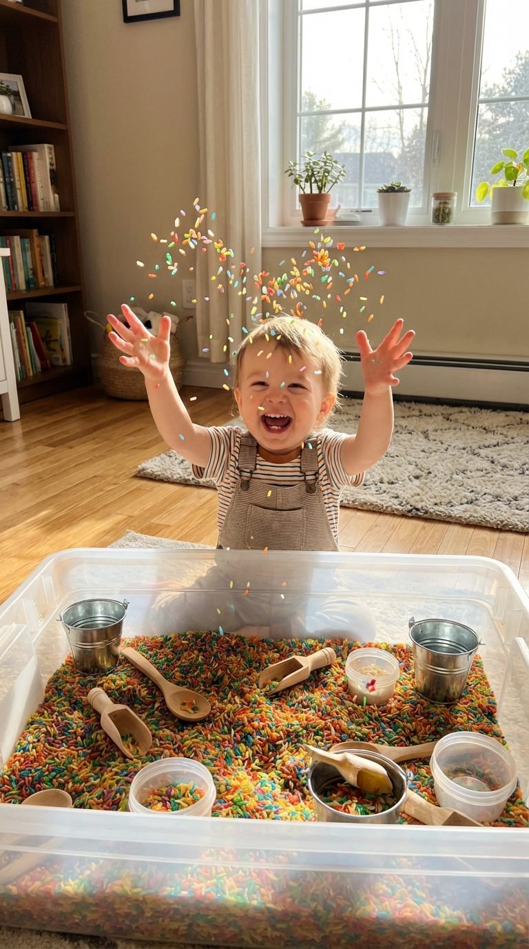 Child playing with colorful rice in a sensory bin.