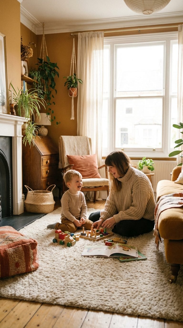 Cozy living room with parent and child engaging in activities.