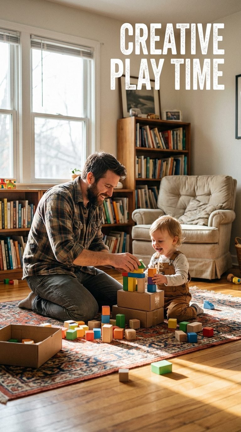 Engaged toddler playing with blocks in a bright room, screen-free activities for toddlers
