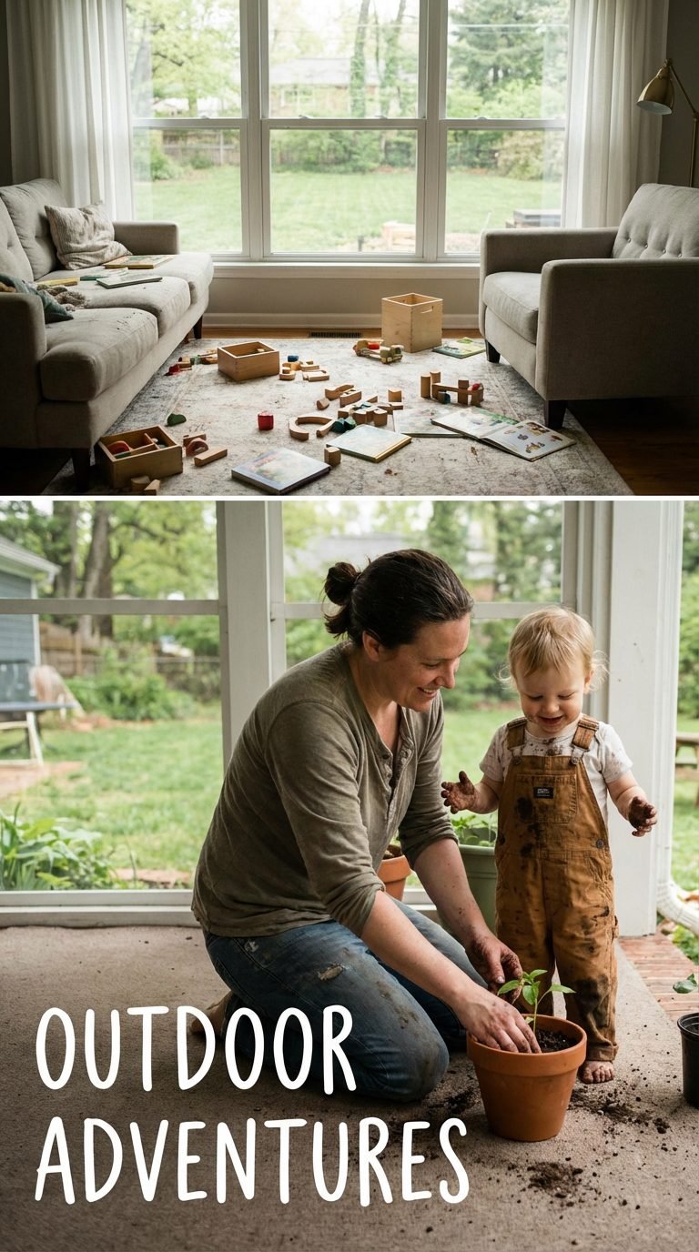 Toddler in a fort made of blankets, enjoying imaginative play without screens