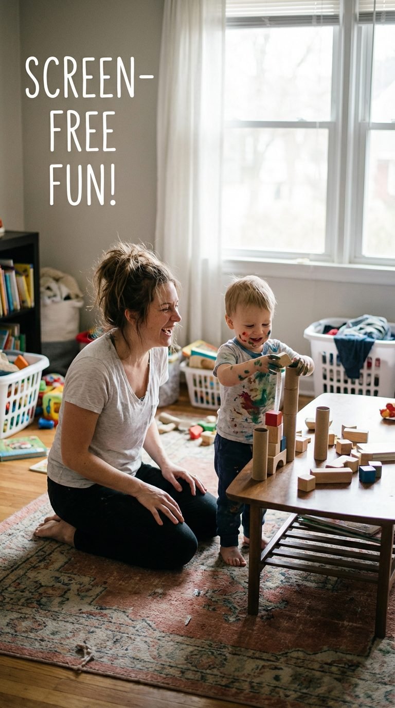 Happy toddler engaged in screen-free activities, colorful toys around them