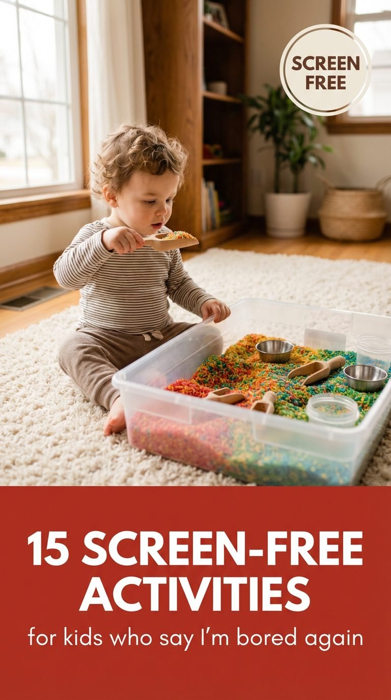 Toddler exploring a colorful sensory bin filled with rice.
