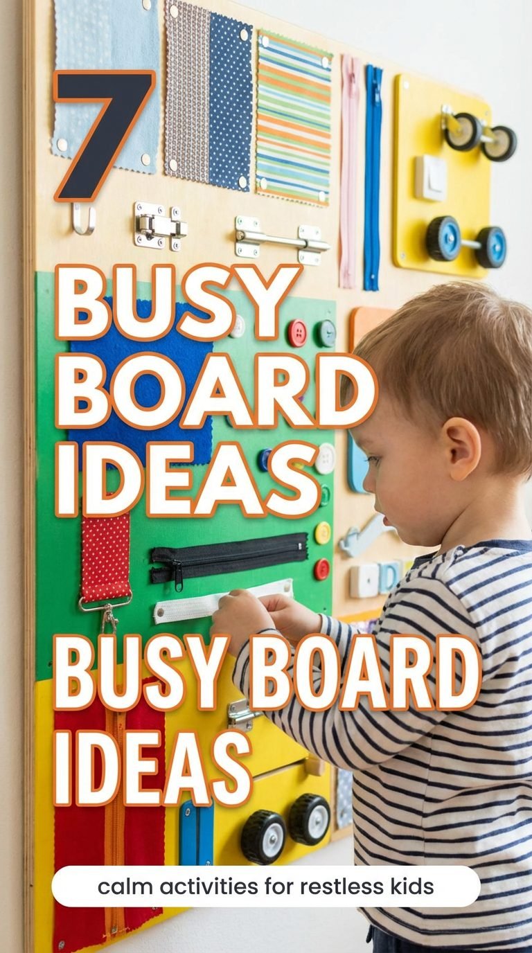 A child interacting with a colorful DIY busy board.