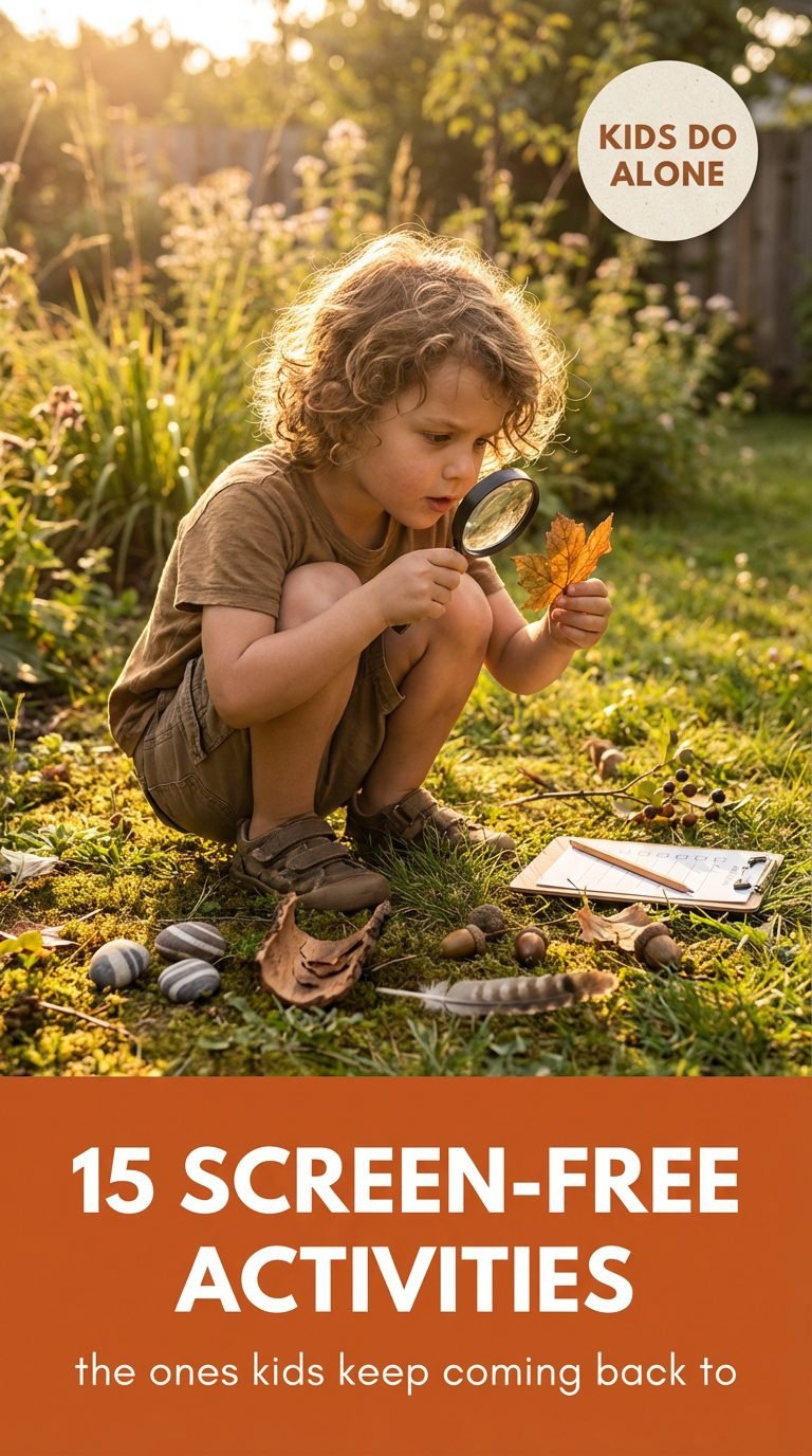 Child exploring nature during a scavenger hunt in the backyard.
