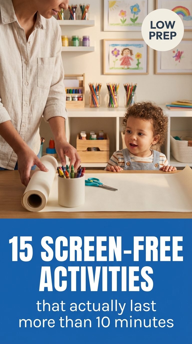 Parent setting up a colorful craft station for a toddler.