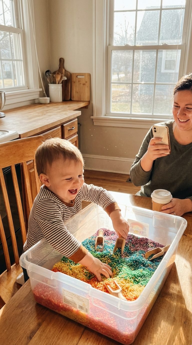 Toddler playing with a sensory bin filled with rice and scoops.