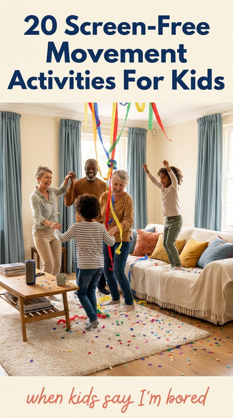 Family enjoying a lively dance party in their living room.