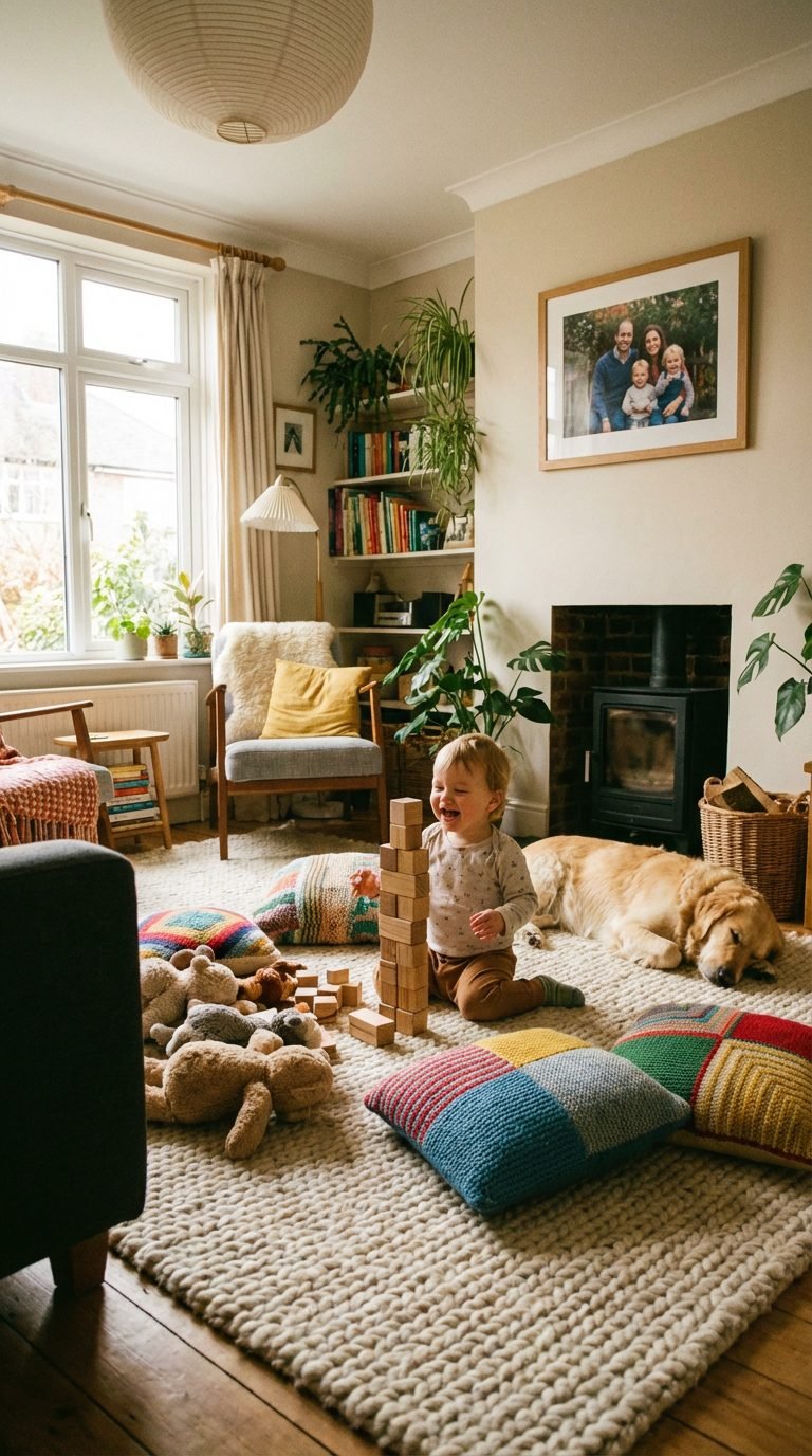 Child playing with building blocks in a cozy living room.