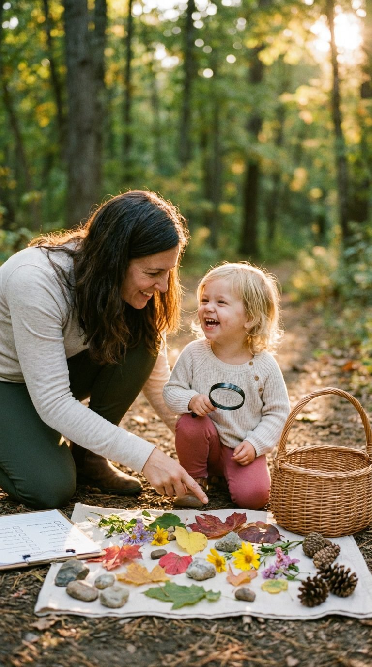 Parent and child enjoying a nature scavenger hunt — how to have screen-free weekend with kids.