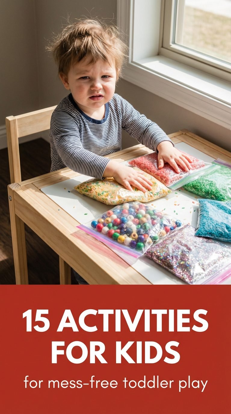 Toddler exploring colorful sensory bags at craft table.