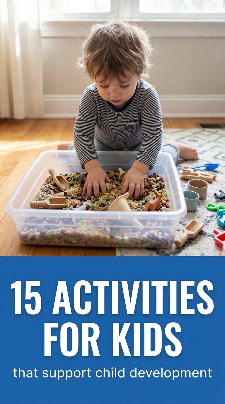Child exploring various sensory materials in play.