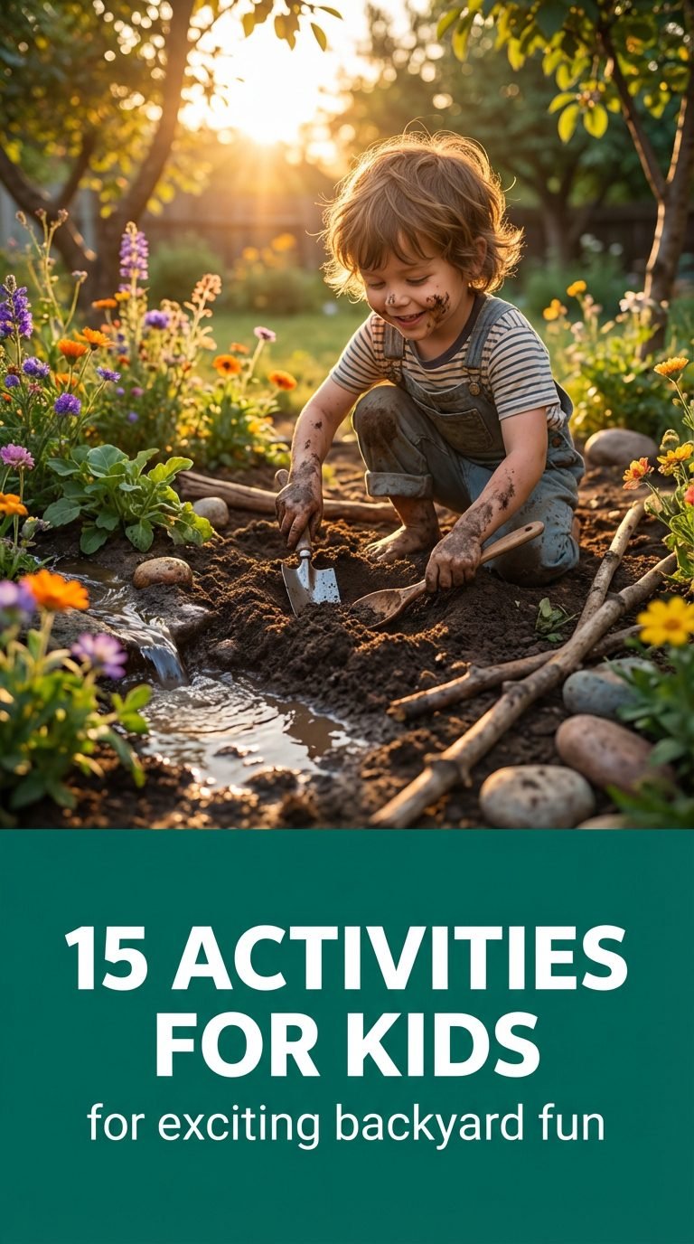 Child playing with natural elements in backyard.
