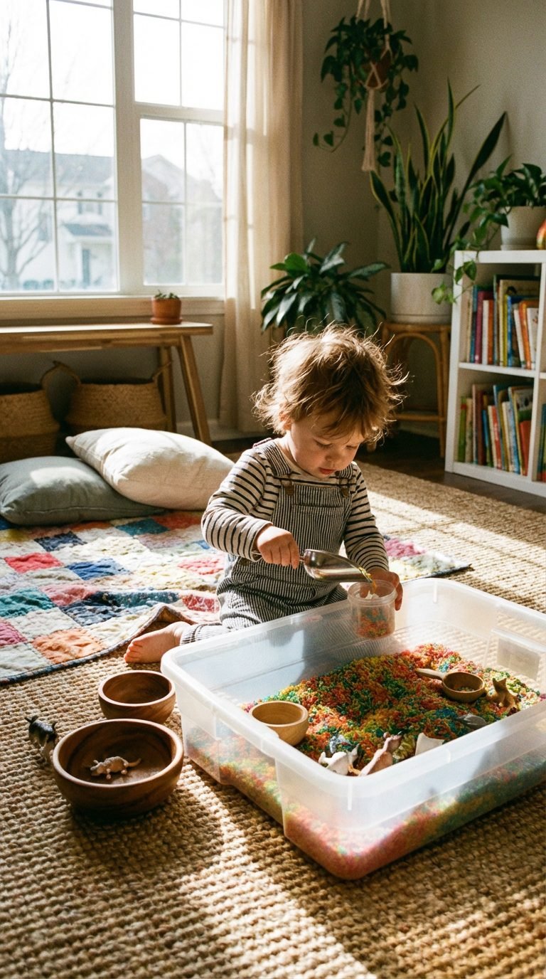 Child playing with rice in sensory activity at home.