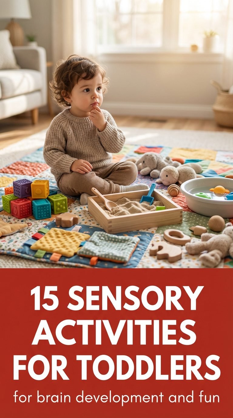 Toddler exploring sensory toys on a colorful play mat