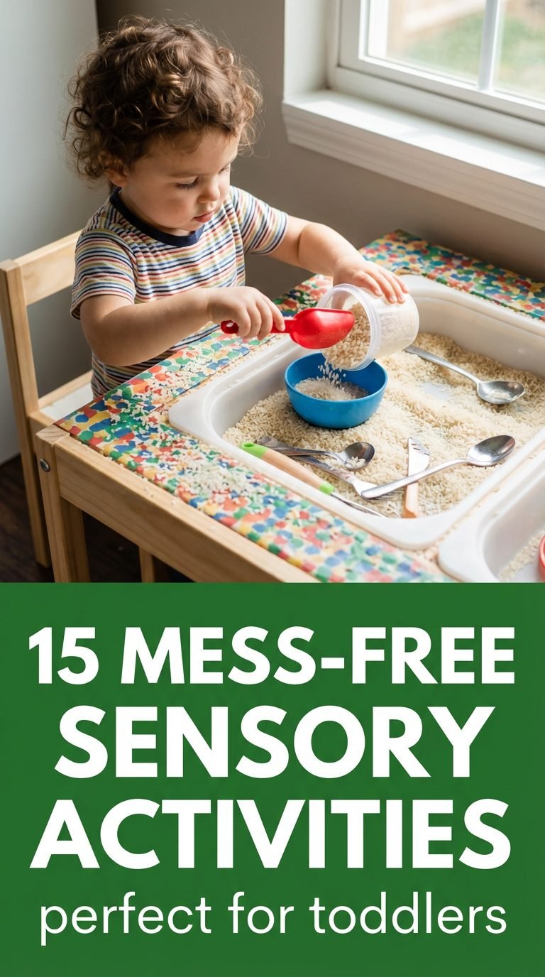 Toddler playing with a sensory bin filled with rice and scoops