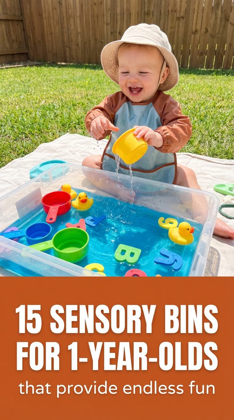 Toddler playing with a water sensory bin in the backyard